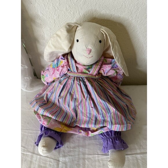 Vtg 80s Folk Art Hand Made Easter Bunny Rabbit Plush Doll Whimsical Dress Apron - Picture 2 of 11